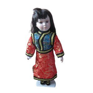 Long Hair 16" Porcelain Doll in Asian Attire with Stand - Heirloom Collection